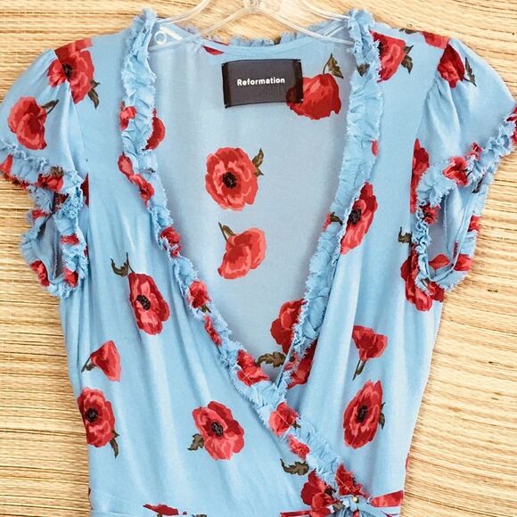 Reformation Garnet Wrap Dress Pelyana V-Neck Floral Print Dress In Blue Ref Sz S - Picture 8 of 16